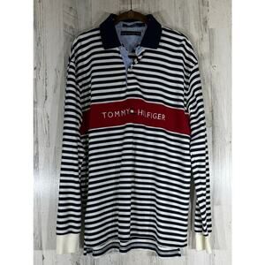Tommy Hilfiger Polo Shirt Large Terry Cloth Navy Stripe Spellout Long Sleeve